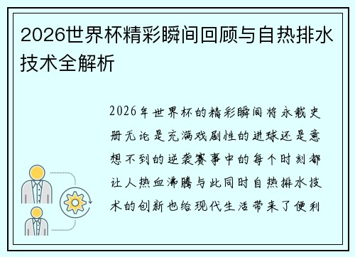 2026世界杯精彩瞬间回顾与自热排水技术全解析