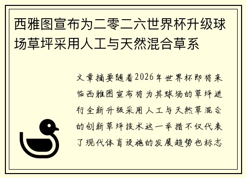 西雅图宣布为二零二六世界杯升级球场草坪采用人工与天然混合草系